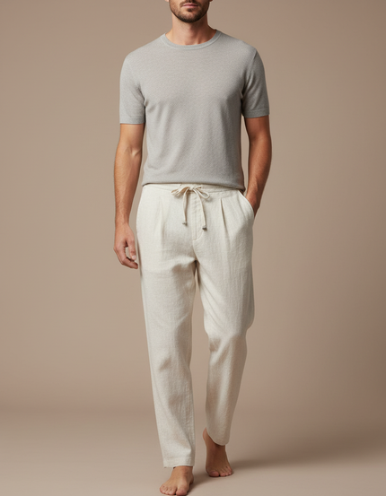 Pantalon À Pince Crème Lin Plissé Cordon Décontracté - Beige
