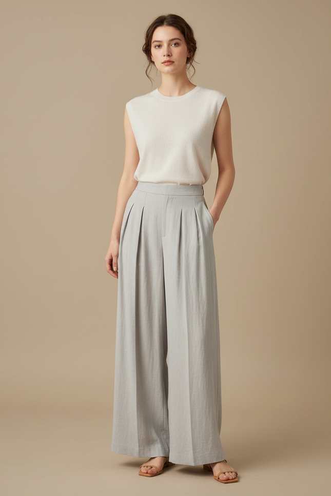 Pantalon À Pince Gris Lin Ample Décontracté Femme
