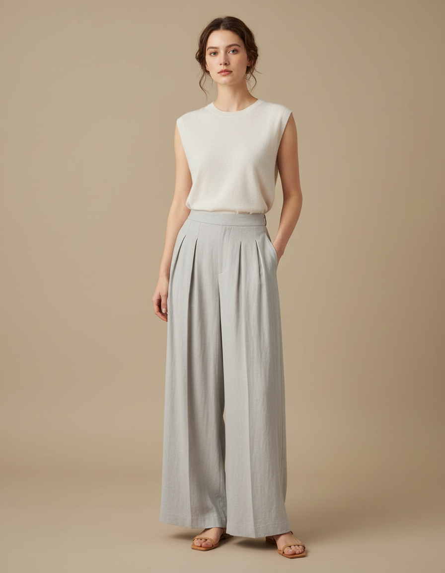 Pantalon À Pince Gris Lin Ample Décontracté Femme