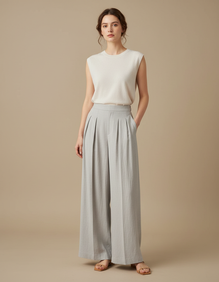 Pantalon À Pince Gris Lin Ample Décontracté Femme