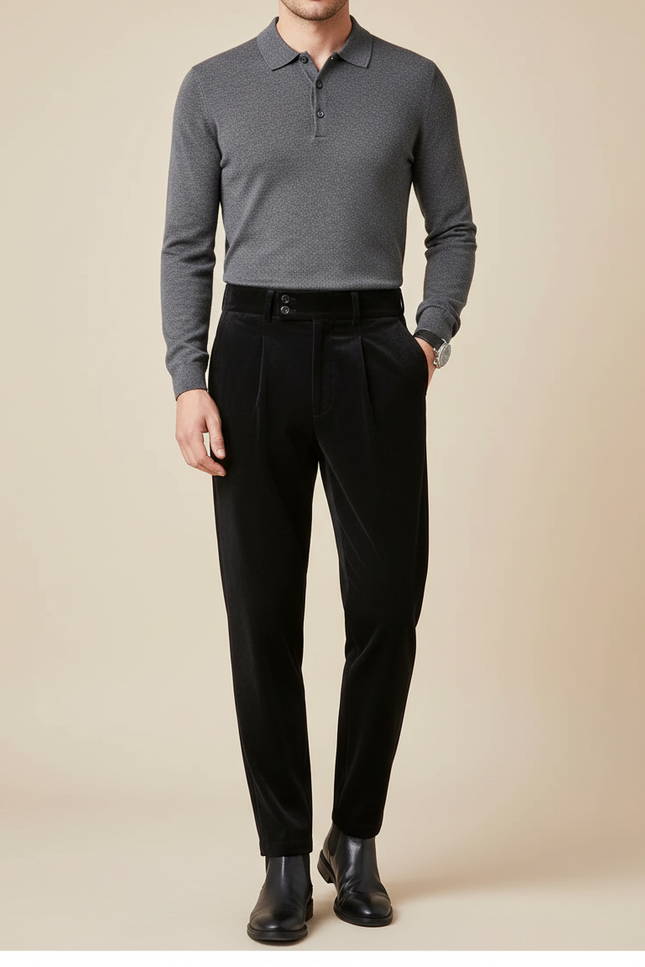 Pantalon À Pince Noir Velours Plissé Élégant Homme