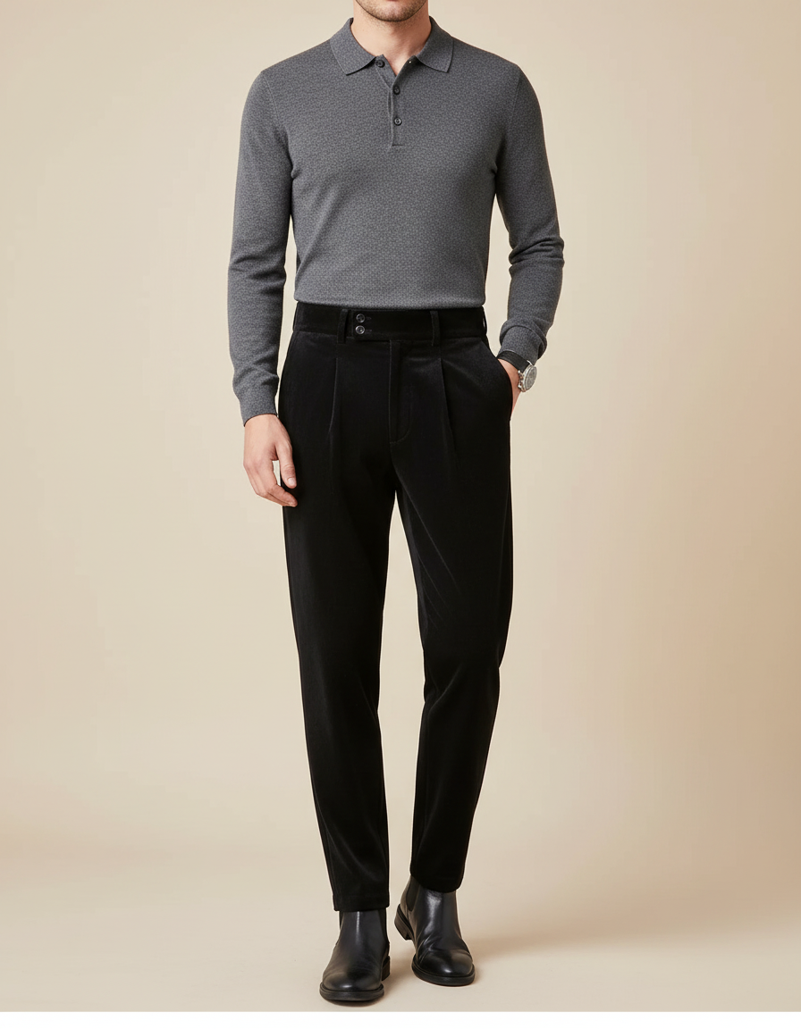 Pantalon À Pince Noir Velours Plissé Élégant Homme
