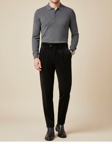 Pantalon À Pince Noir Velours Plissé Élégant Homme