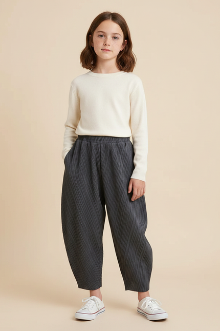 Pantalon À Pince Gris Plissé Ample Décontracté Enfant - Polyester