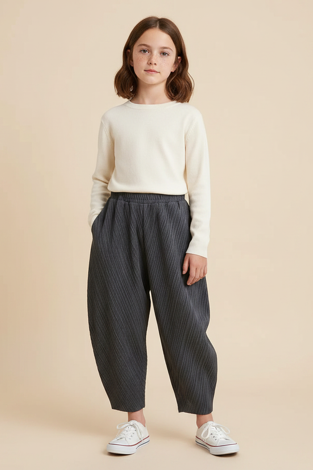 Pantalon À Pince Gris Plissé Ample Décontracté Enfant - Polyester