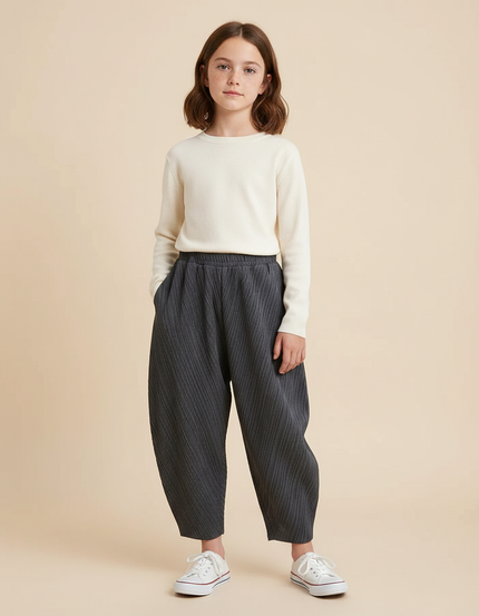 Pantalon À Pince Gris Plissé Ample Décontracté Enfant - Polyester