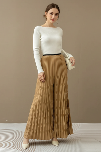 Pantalon À Pince Plissé Fluide Ample Marron Chic - Polyester