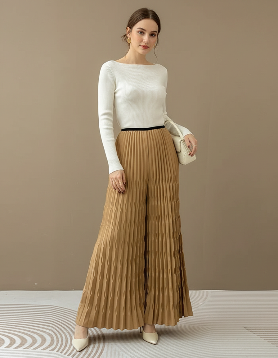 Pantalon À Pince Plissé Fluide Ample Marron Chic - Polyester