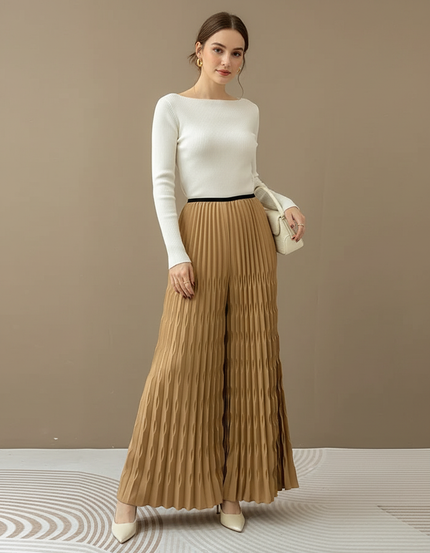 Pantalon À Pince Plissé Fluide Ample Marron Chic - Polyester