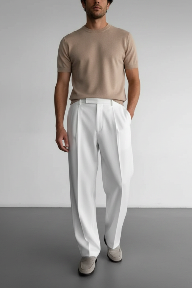 Pantalon À Pince Blanc Ample Plissé Élégant Homme - Polyester