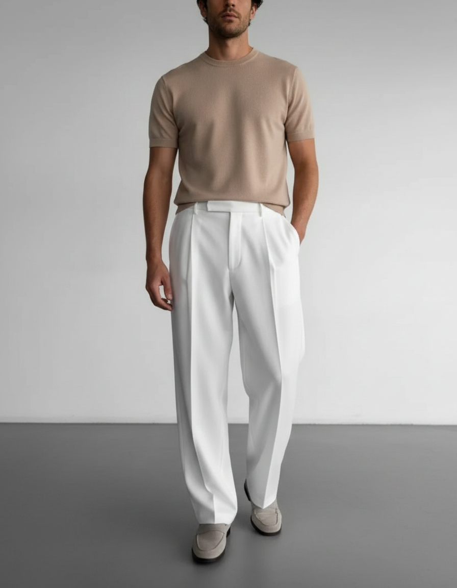 Pantalon À Pince Blanc Ample Plissé Élégant Homme - Polyester