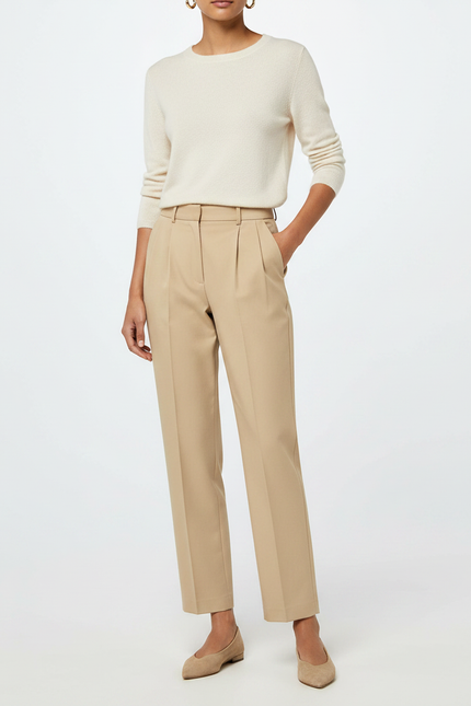 Pantalon À Pince Beige Droit Plissé Élégant Femme - Gabardine