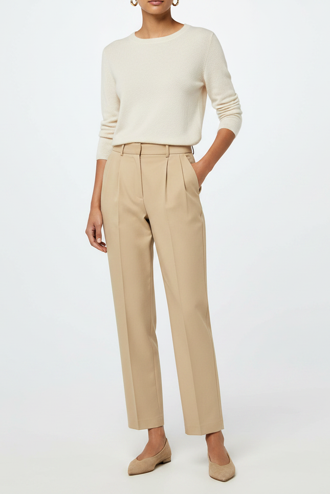Pantalon À Pince Beige Droit Plissé Élégant Femme - Gabardine