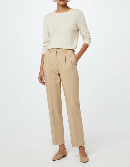 Pantalon À Pince Beige Droit Plissé Élégant Femme - Gabardine