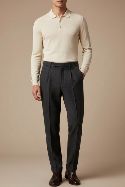 Pantalon À Pince Gris Foncé Laine Plissé Droit Homme