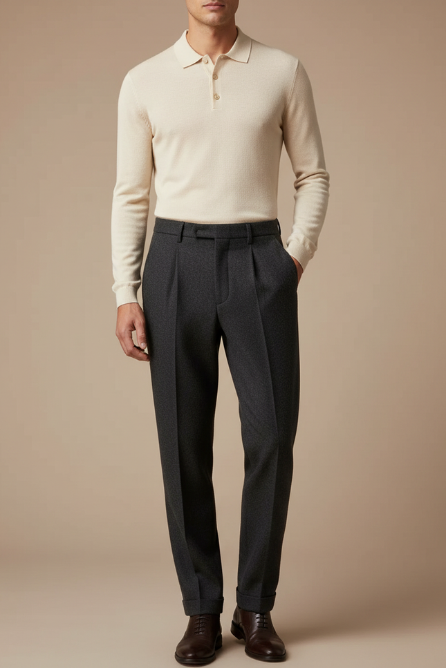 Pantalon À Pince Gris Foncé Laine Plissé Droit Homme