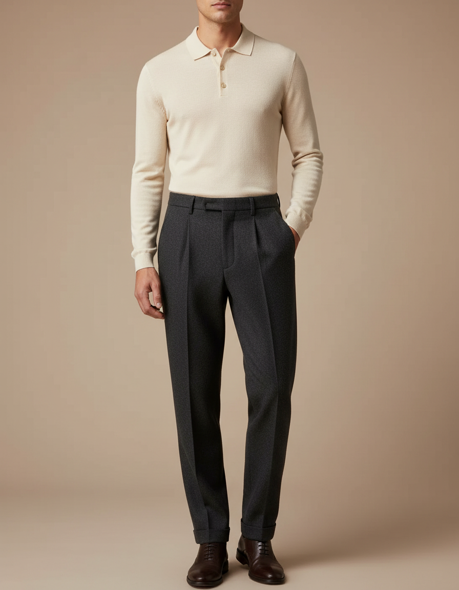 Pantalon À Pince Gris Foncé Laine Plissé Droit Homme