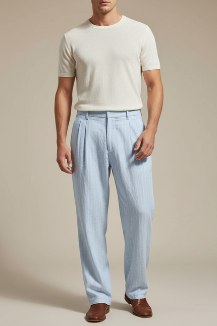 Pantalon À Pince Bleu Ciel Lin Rayé Décontracté Homme
