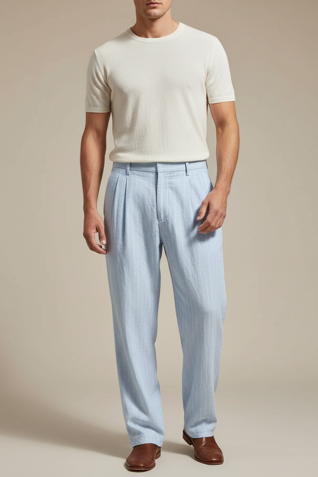 Pantalon À Pince Bleu Ciel Lin Rayé Décontracté Homme