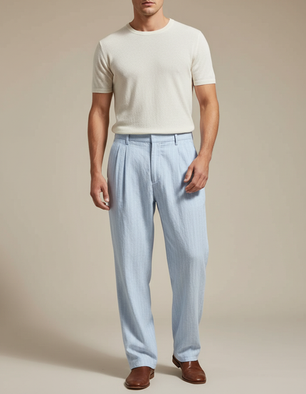 Pantalon À Pince Bleu Ciel Lin Rayé Décontracté Homme