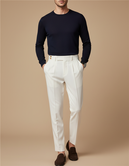 Pantalon À Pince Blanc Plissé Élégant Homme Slim - Polyester
