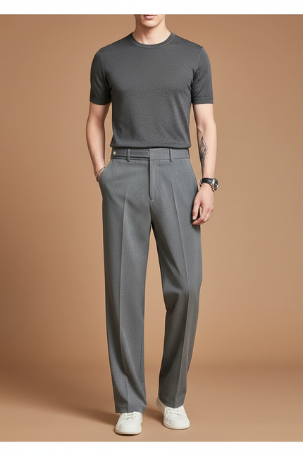 Pantalon À Pince Gris Élégant Droit Décontracté Homme - Polyester