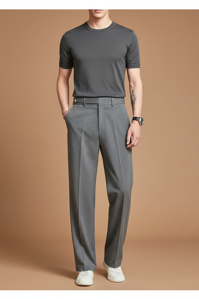 Pantalon À Pince Gris Élégant Droit Décontracté Homme - Polyester
