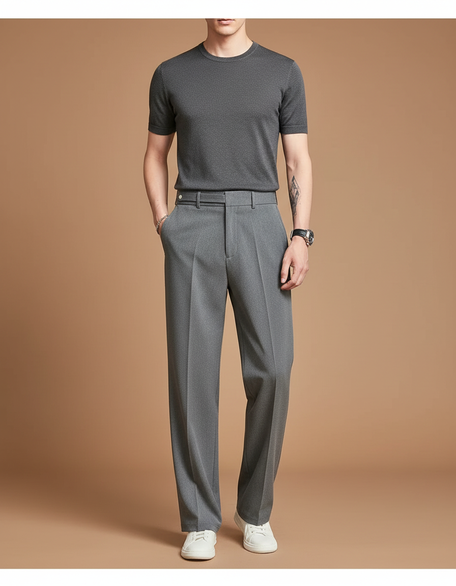 Pantalon À Pince Gris Élégant Droit Décontracté Homme - Polyester