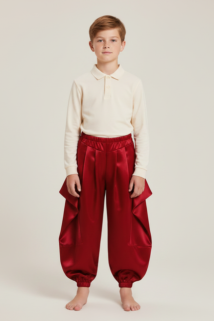 Pantalon À Pince Rouge Satiné Ample Plissé Enfant