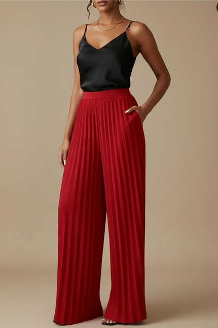 Pantalon À Pince Rouge Plissé Fluide Élégant - Polyester