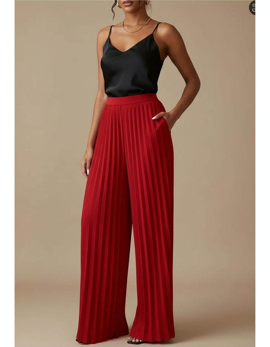 Pantalon À Pince Rouge Plissé Fluide Élégant - Polyester