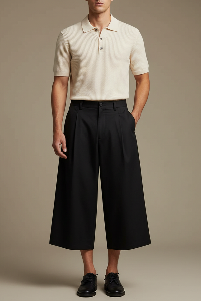 Pantalon À Pince Noir Ample Plissé Court Homme - Gabardine