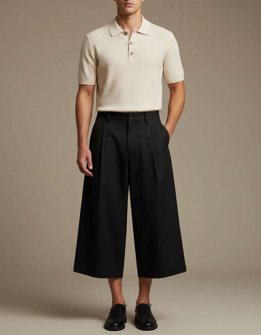 Pantalon À Pince Noir Ample Plissé Court Homme - Gabardine
