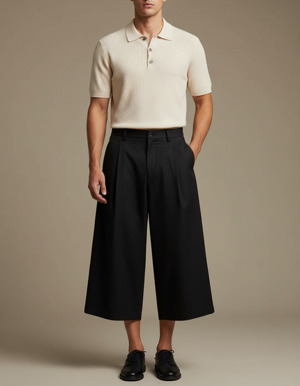 Pantalon À Pince Noir Ample Plissé Court Homme - Gabardine