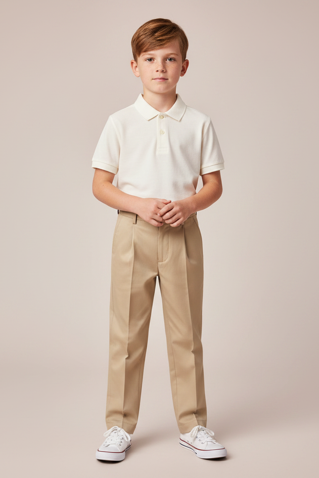 Pantalon À Pince Beige Plissé Droit Enfant Élégant - Gabardine