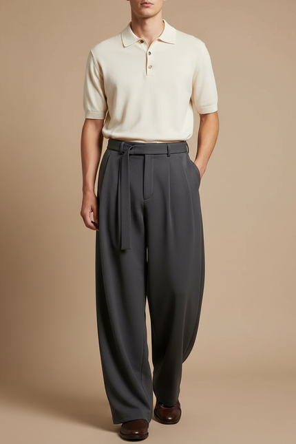 Pantalon À Pince Avec Ceinture - Gris Viscose
