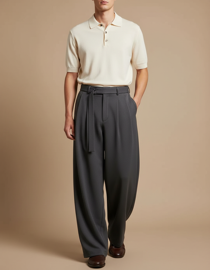 Pantalon À Pince Avec Ceinture - Gris Viscose