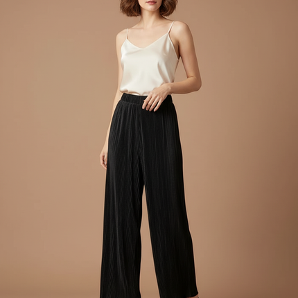 Pantalon À Pince Noir Plissé Fluide Femme Élégant - Polyester