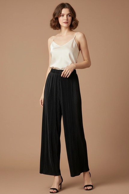 Pantalon À Pince Noir Plissé Fluide Femme Élégant - Polyester