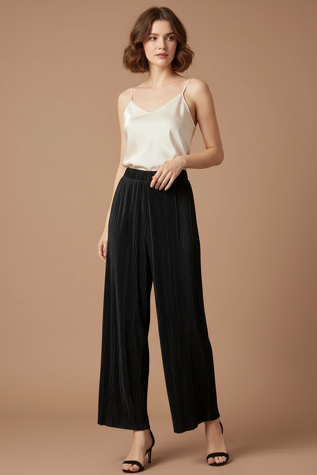 Pantalon À Pince Noir Plissé Fluide Femme Élégant - Polyester