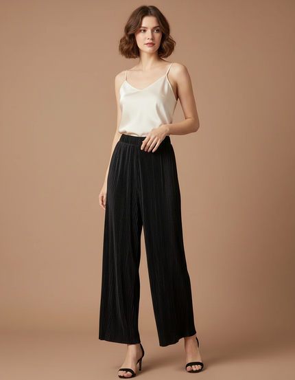 Pantalon À Pince Noir Plissé Fluide Femme Élégant - Polyester