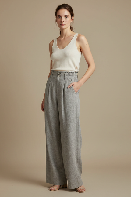 Pantalon À Pince Gris Chiné Fluide Taille Haute - Laine