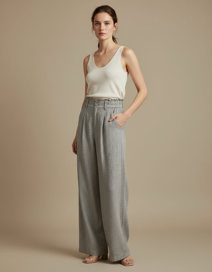 Pantalon À Pince Gris Chiné Fluide Taille Haute - Laine