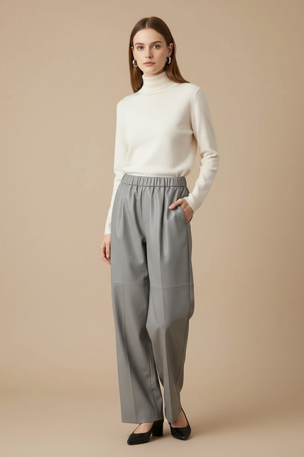 Pantalon À Pince Gris Ample Similicuir Taille Élastique - Simili cuir
