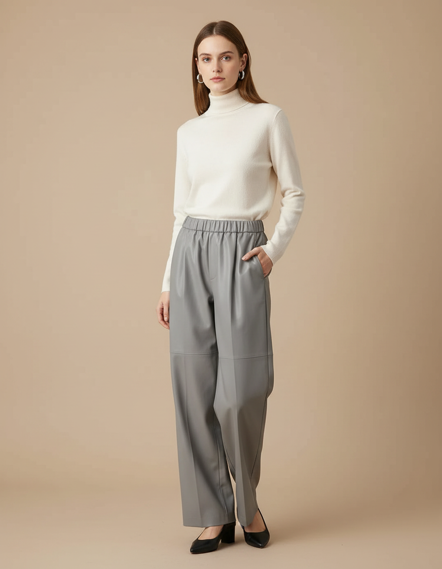 Pantalon À Pince Gris Ample Similicuir Taille Élastique - Simili cuir