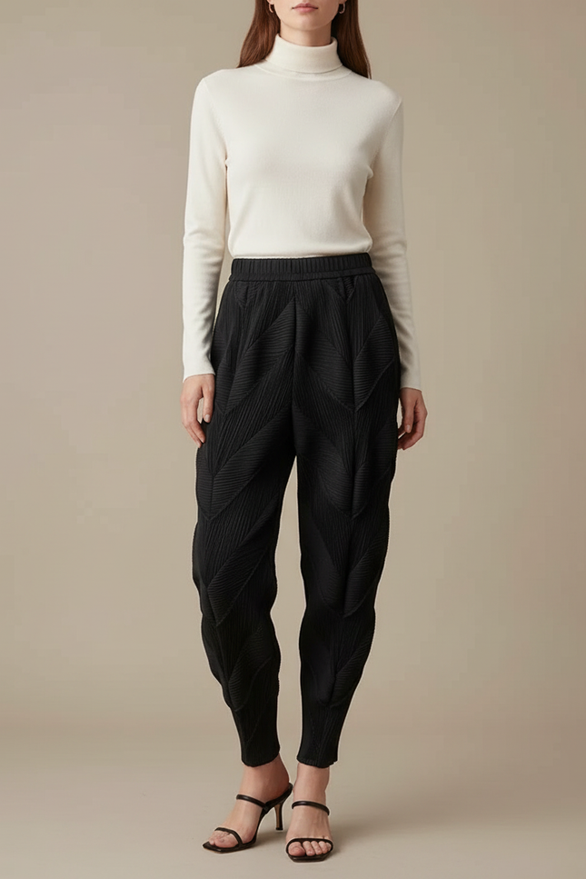 Pantalon À Pince Noir Plissé Sculptural Élastique Chevrons - Polyester