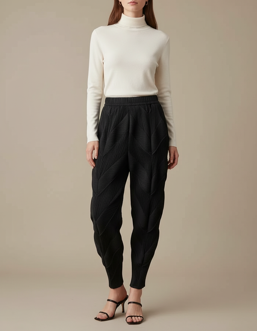 Pantalon À Pince Noir Plissé Sculptural Élastique Chevrons - Polyester