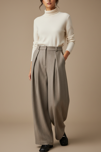 Pantalon À Pince Laine Chevron Plissé Large Rétro - Gris