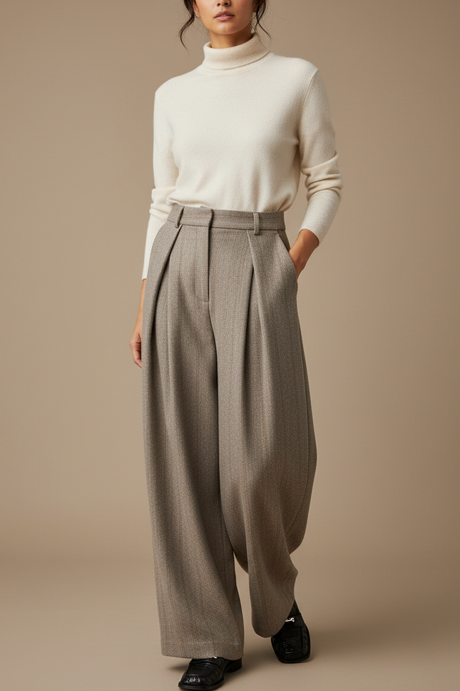 Pantalon À Pince Laine Chevron Plissé Large Rétro - Gris