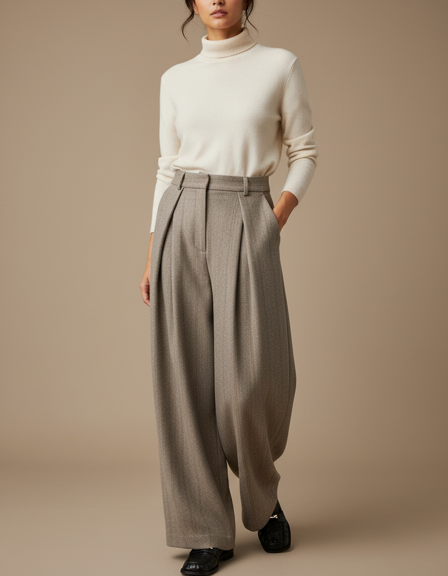 Pantalon À Pince Laine Chevron Plissé Large Rétro - Gris